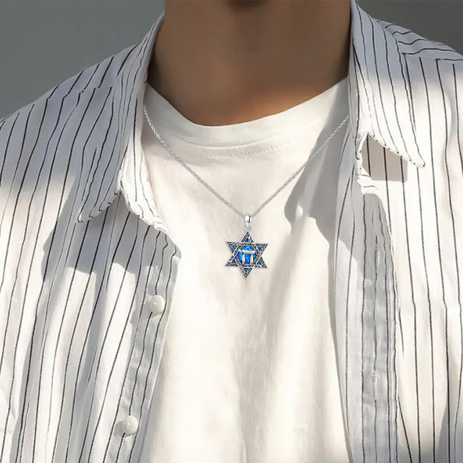 Collana a forma di stella di David, in argento Sterling 925, con ciondolo a forma di stella di David, con ciondolo a forma di opale, con ciondolo a forma di stella di David, per uomo e donna,
