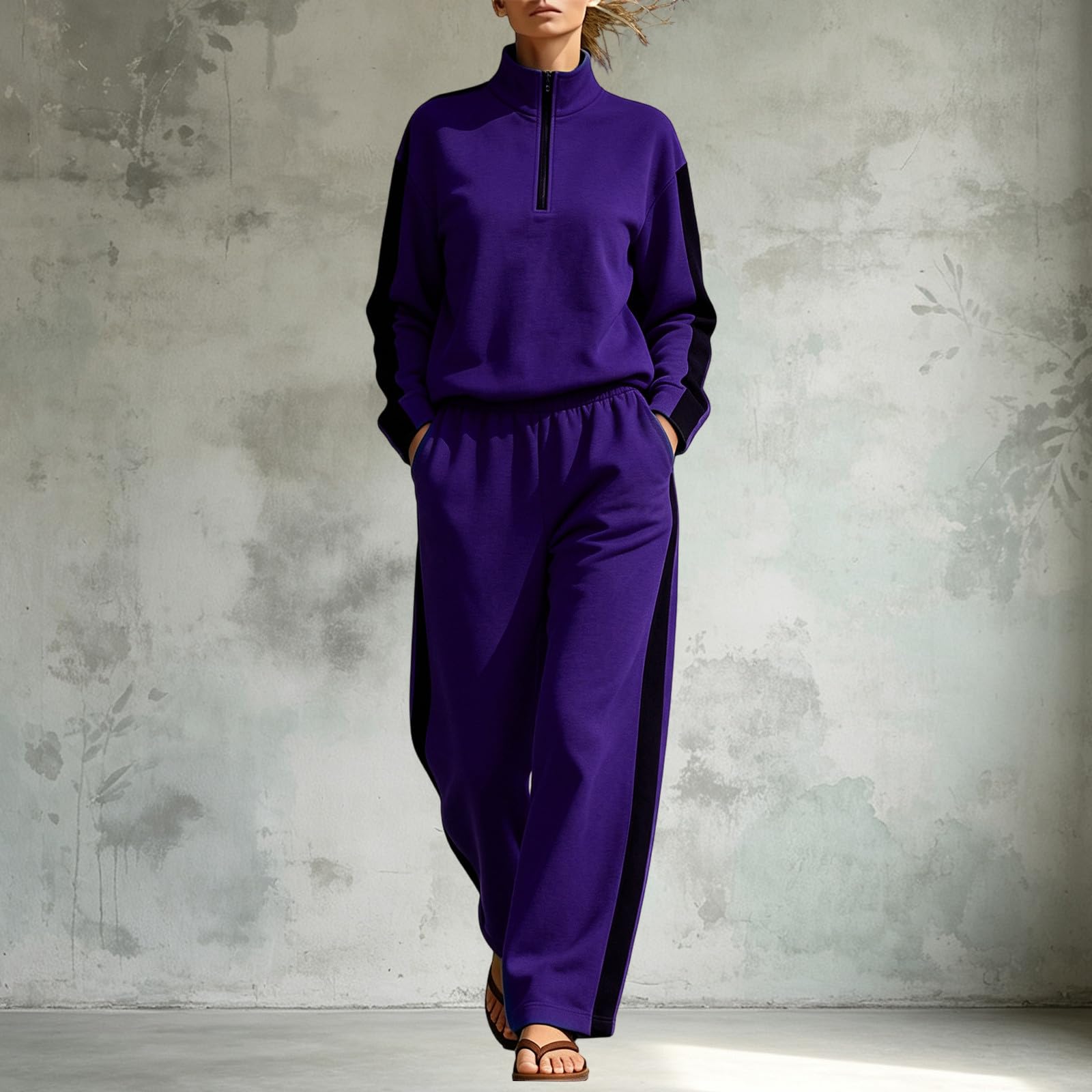 Generico Completo Donna Pantalone Autunno,Completo Casual A Due Pezzi: Felpa Con Mezza Zip Pantaloni Della Tuta Abbigliamento Sportivo