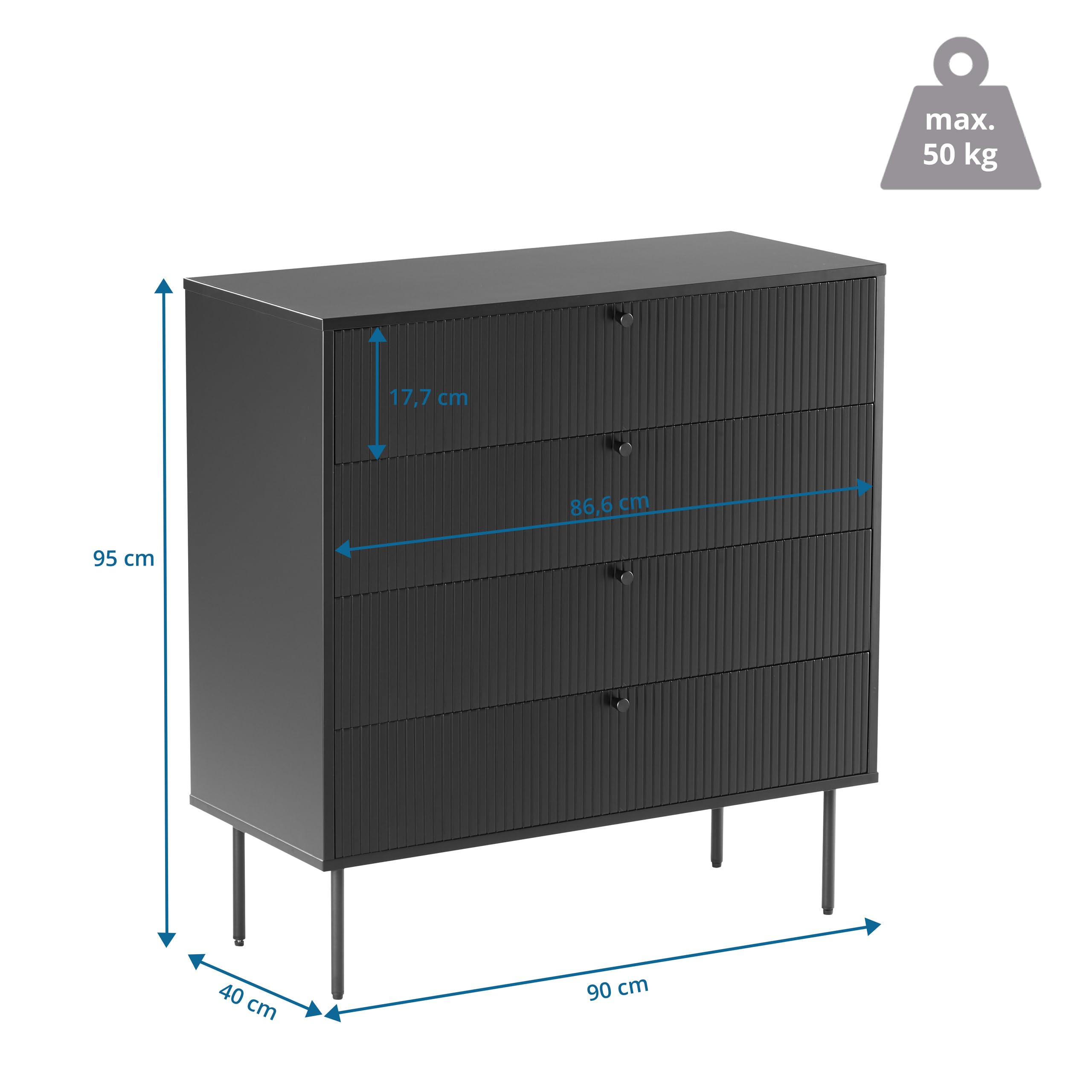 Kommode mit 4 Schubladen KARBY K 90x40x95 cm, Schubladenschrank im Industrial-Stil, viel Stauraum, Schwarz