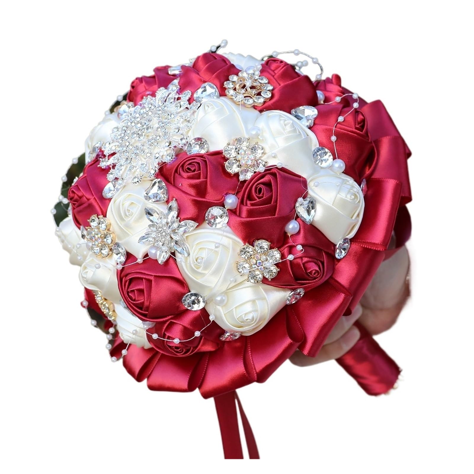 Bukiet ślubny z satynowych róż z perłową wstążką i kryształkami dla panny młodej i druhny, dekoracja ślubna perfection(Wine Red,Dia 20cm-7.8inch)