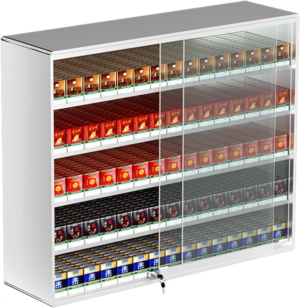 Lockable Aluminium Wall-Mounted Cigarette Display Holder with Auto Pusher, Retail Shelf Cabinet for Secure Storage (38.5x17.3x45cm & 92.5x17.3x75cm)