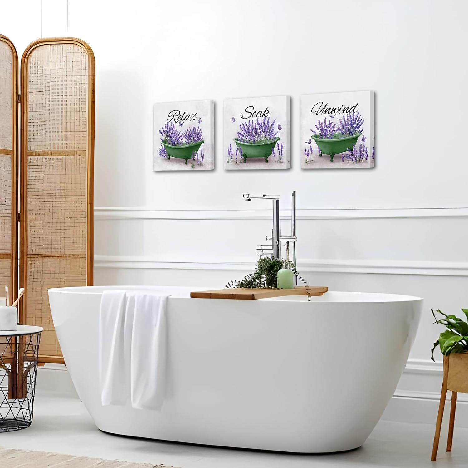Nachic Wall Green and Purple Bathroom Wall Art Lavender Wall Decor Bathtub Canvas Prints Relax Soak Unwind Paintings (Green)