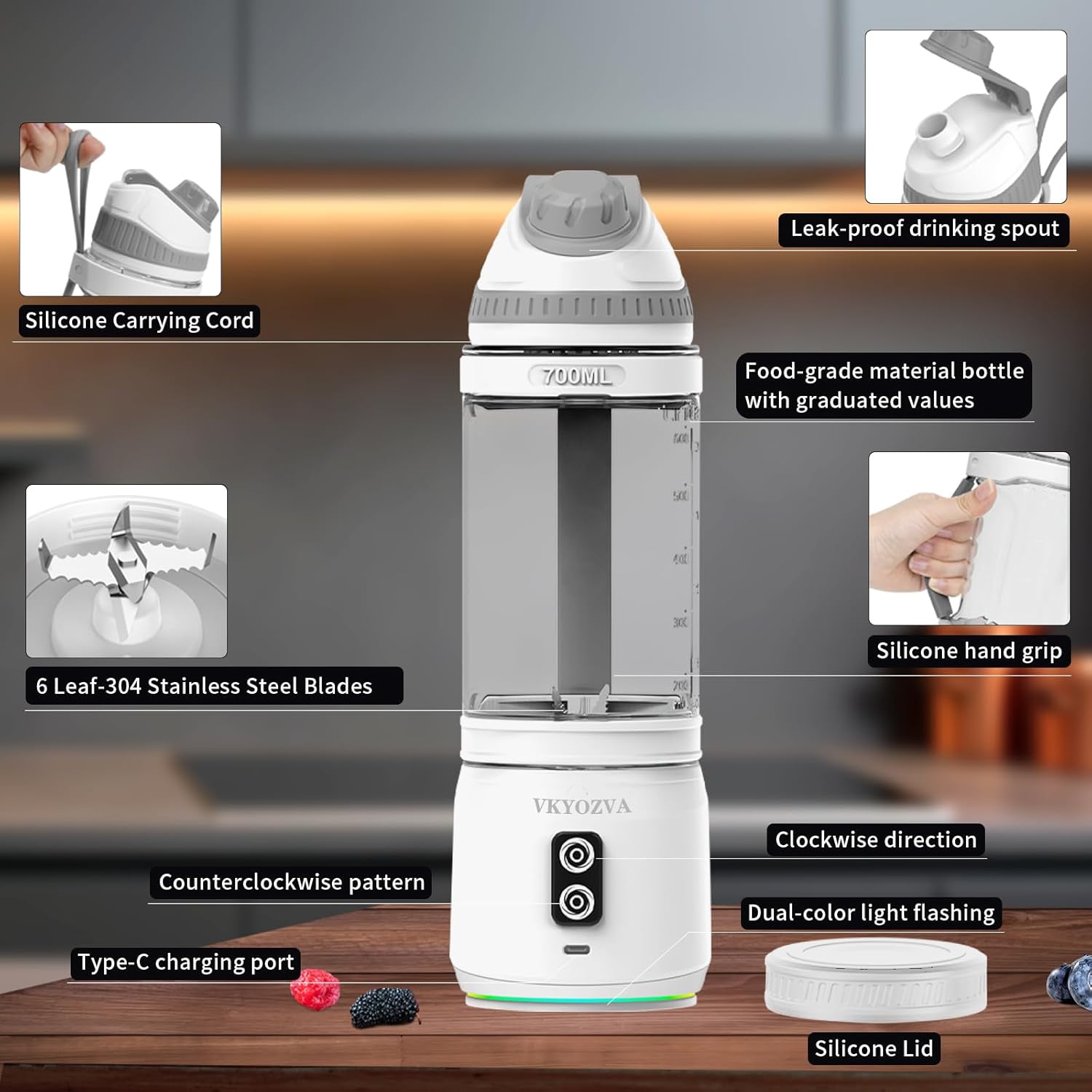 Portable Blender cordless, 24oz Blender Cup Sporty Bottle with Sip Spout, Travel blender for Shakes and Smoothies, USB-C Rechargeable, Mini Small Blenders (White Gray)