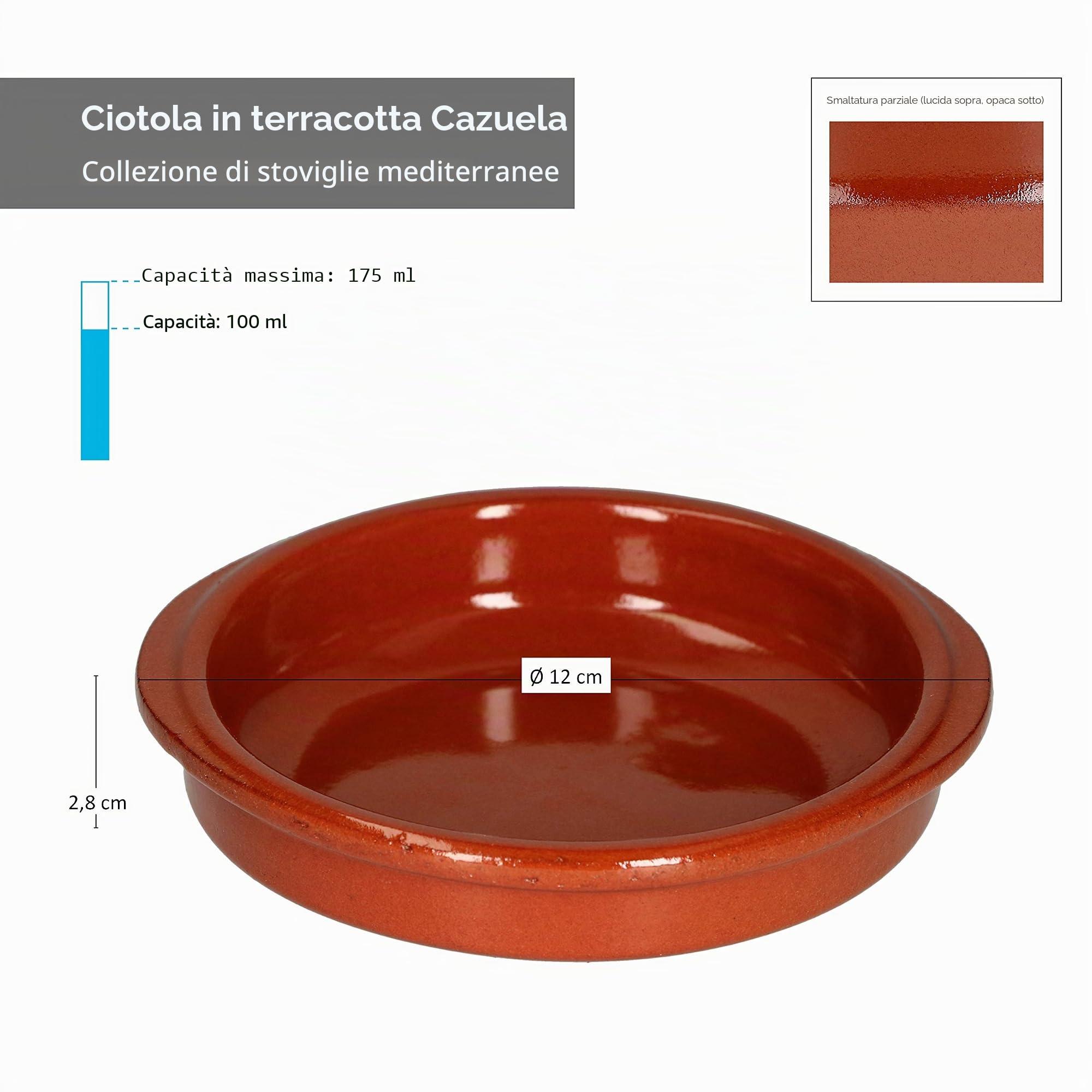 MamboCat Cazuela Clay Bowl Set con manici Ø 12 cm Dimensione S 12 Vintage Cream Glazed Tapas Bowls Mediterraneo Alta qualità fatta a mano piatti di argilla medievale