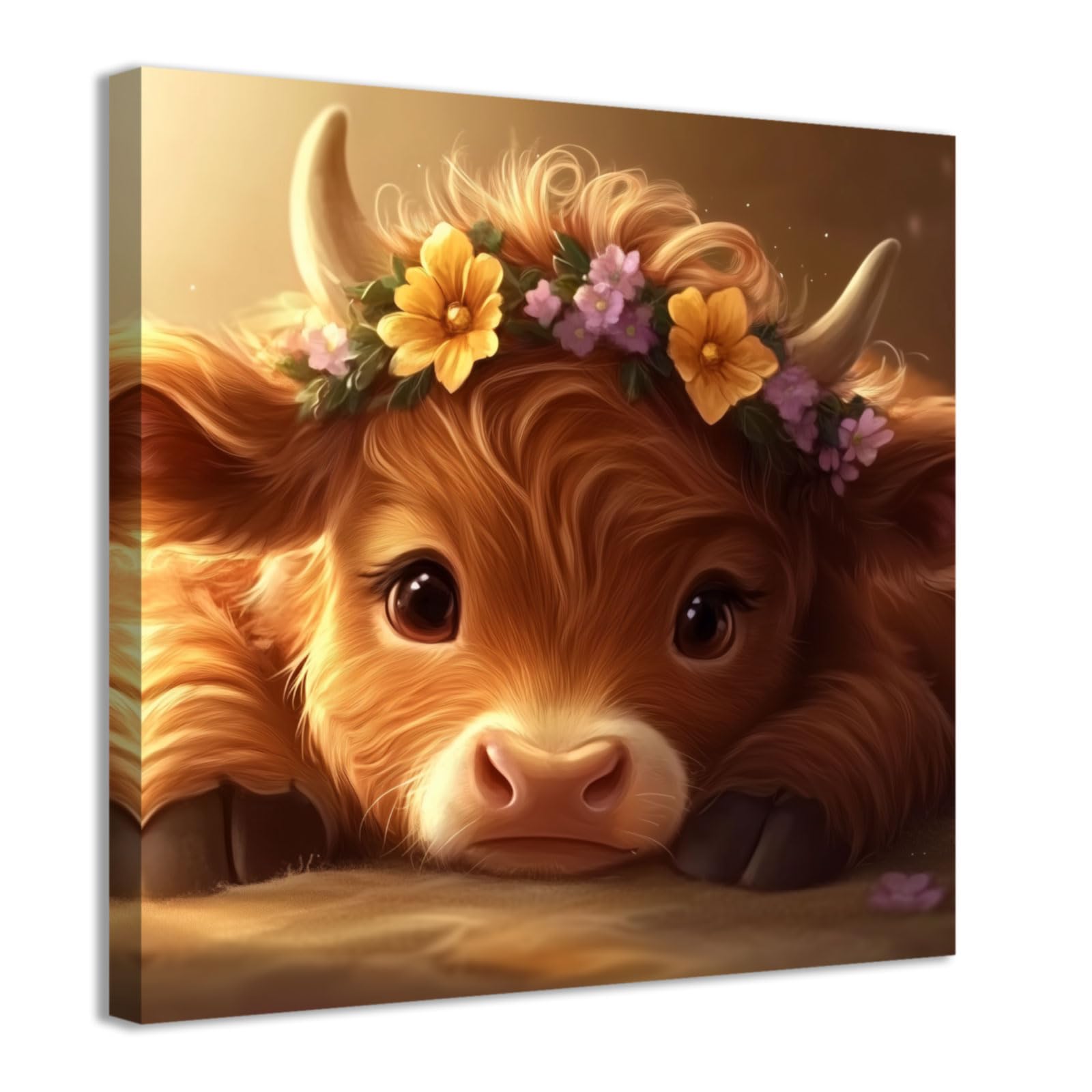 CCWACPP Cute Highland Cow Wall Art Baby Cow Picture Cattle and Flower Painting Farm Animals Canvas Prints for Nursery Kid Bedroom Home Decor Framed (30.00 x 30.00 cms)