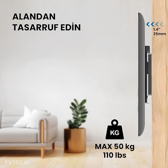 TvtechPlus Televizyon Duvar Askı Aparatı, 40-65 inç (102-165cm) VESA 400x400-600x400-600x500 max 50kg/110LBS-Kilitli Sistem-Sarsılmaz-Depreme karşı-Çocuk kilitli - Kavisli/Curved Uyumlu