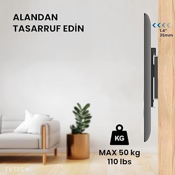 TvtechPlus Televizyon Duvar Askı Aparatı, 40-65 inç (102-165cm) VESA 400x400-600x400-600x500 max 50kg/110LBS-Kilitli Sistem-Sarsılmaz-Depreme karşı-Çocuk kilitli - Kavisli/Curved Uyumlu