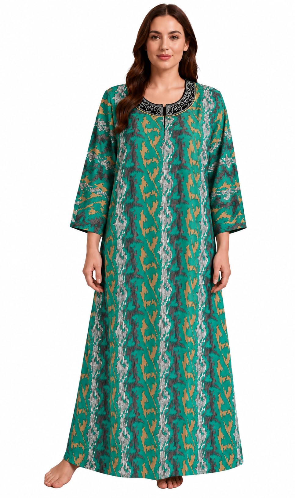 Women 100% Cotton Printed Nighty with Embroidered Neck & Front Zipper | Soft Breathable Maxi Night Dress | Loose Comfortable Fit Long Nightwear Home Gown for Ladies-image-10