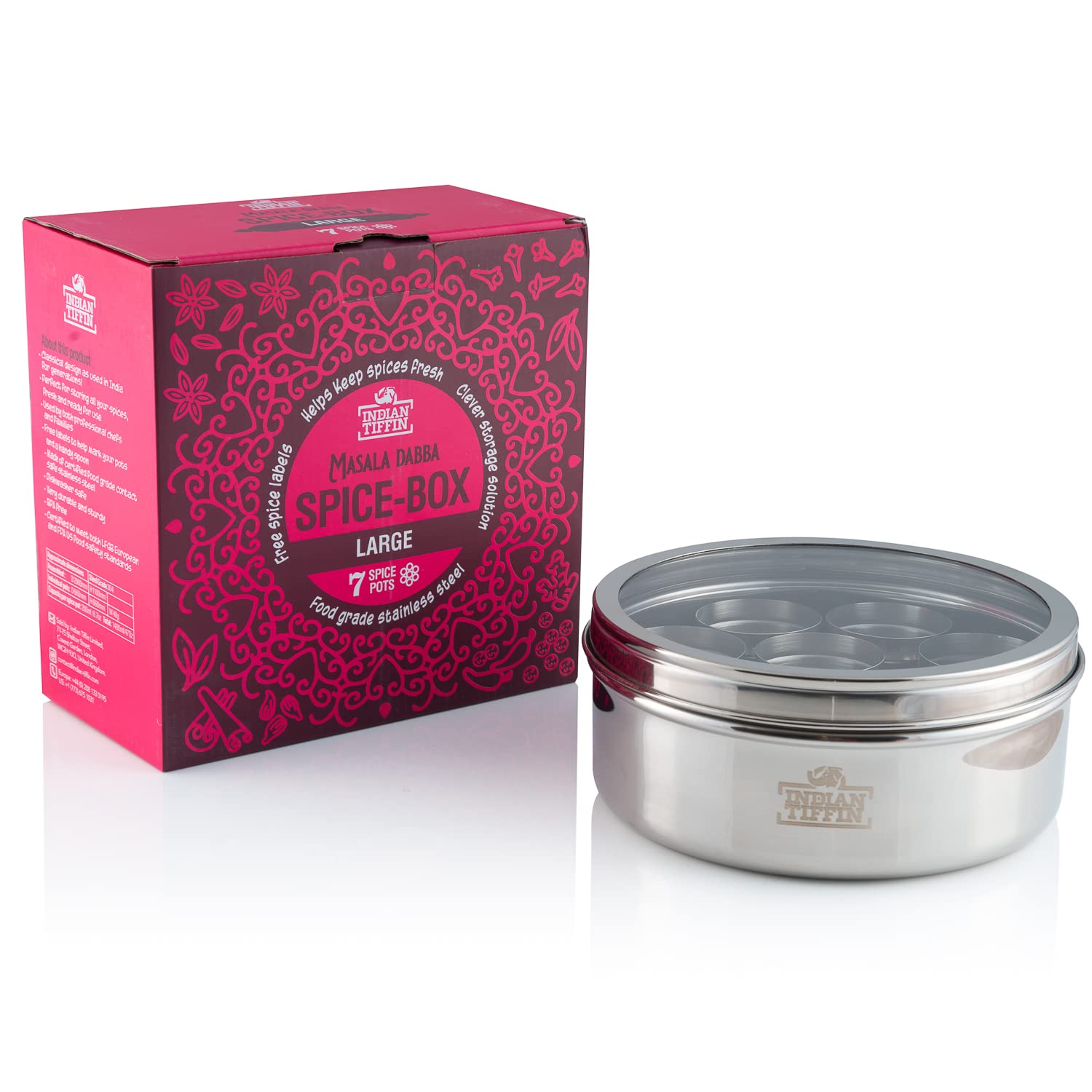 Indian-Tiffin Masala Dabba Hermetyczny pojemnik na przyprawy, z etykietami i łyżeczkami do przypraw (duży (20 cm), przezroczysta pokrywka, bez pokrywki wewnątrz słoików)