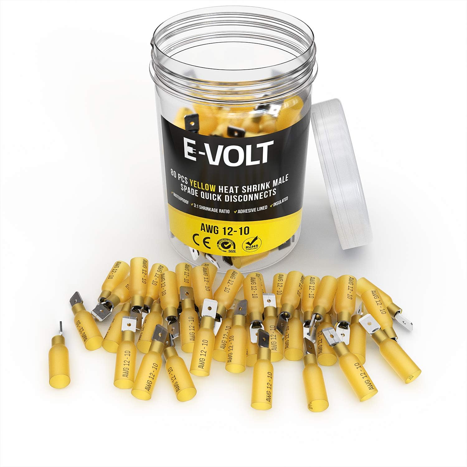 E-VOLT Male Spade Wire Connectors – 80 PC 3:1 Polyolefin Heat Shrink Crimp Connectors for 12-10 AWG | Industrial Grade Quick Disconnect Electrical Terminals for Marine, Audio and Automotive : Sports & Outdoors