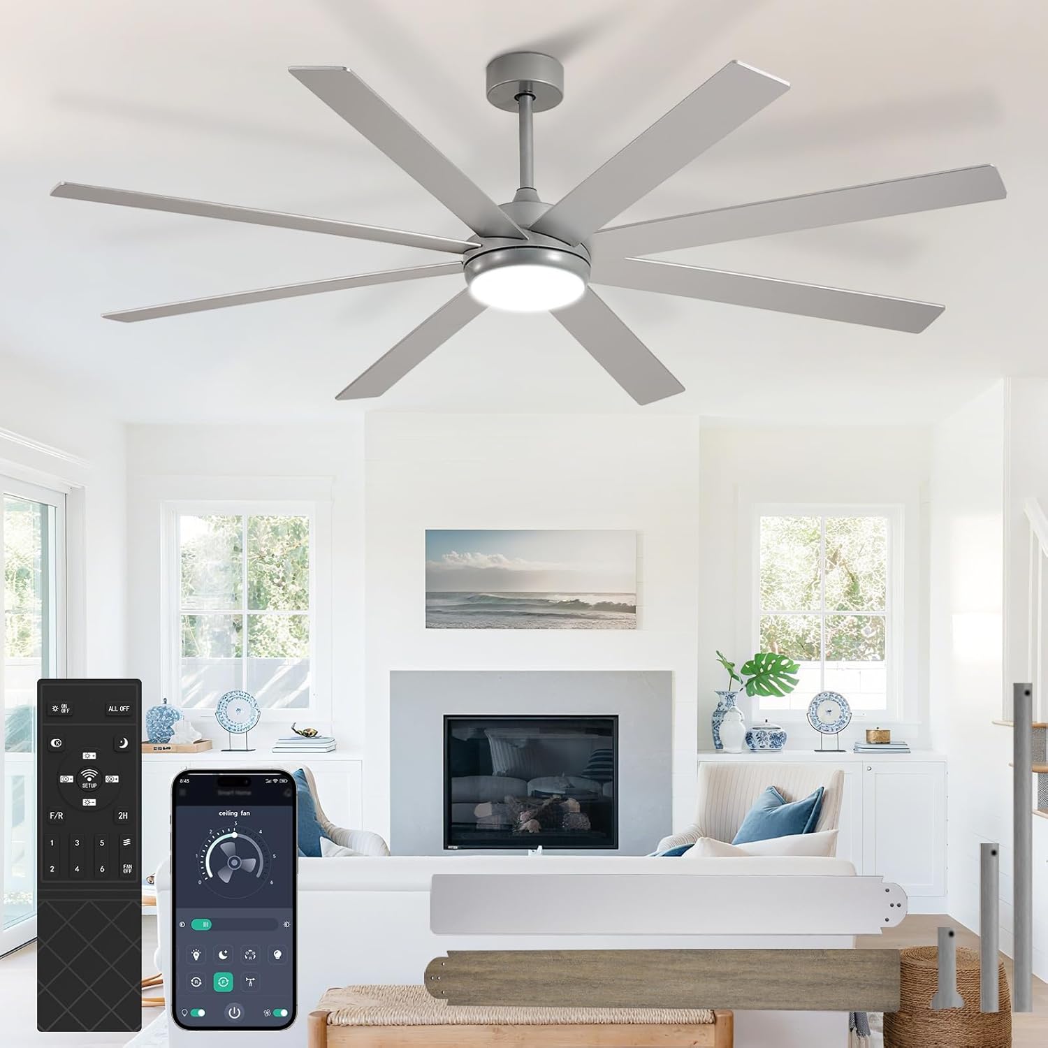 Large Ceiling Fan with Light: 66 Inch Indoor/Outdoor Fan Reversible DC Motor 6 Speed - Dual 8 Blades Big Ceiling Fans with Lights Dimmable 3CCT for Living Room Covered Patio, Silver