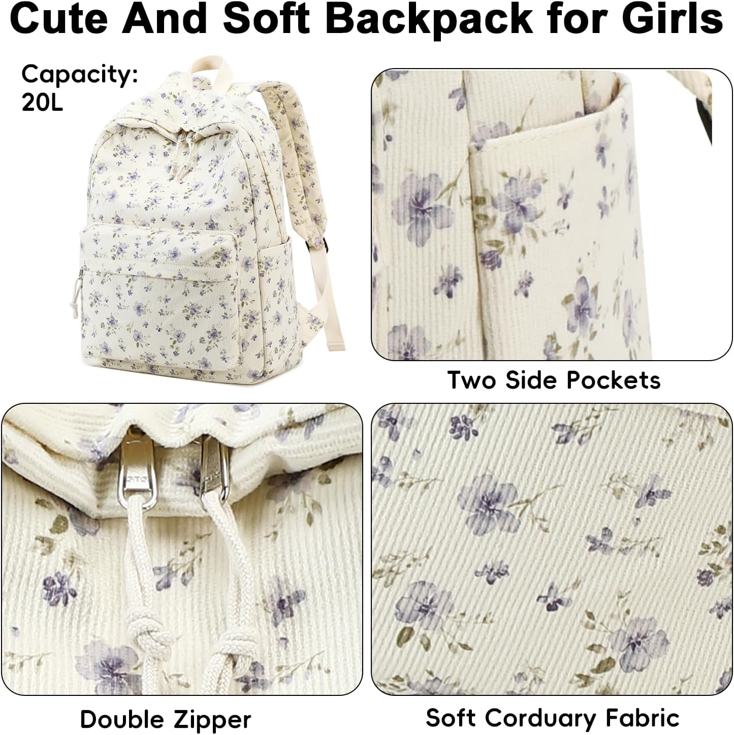 BTOOP School Backpack for Teens Large Corduroy Bookbag Lightweight 15.6 inch Laptop Bag for Girls Women Casual High School College - Image 5