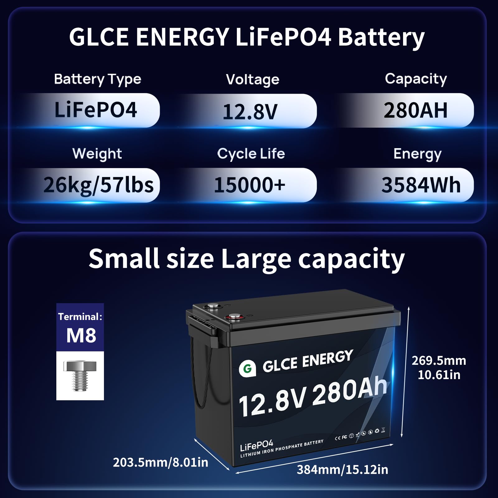 Batterie LiFePO4 12V 300Ah(280Ah), Batterie Lithium Rechargeable, durée de Vie de 10 Ans, 4 500 à 15 000 Cycles, étanche P65, idéale pour Le Camping, Les caravanes et Les Camping-Cars.