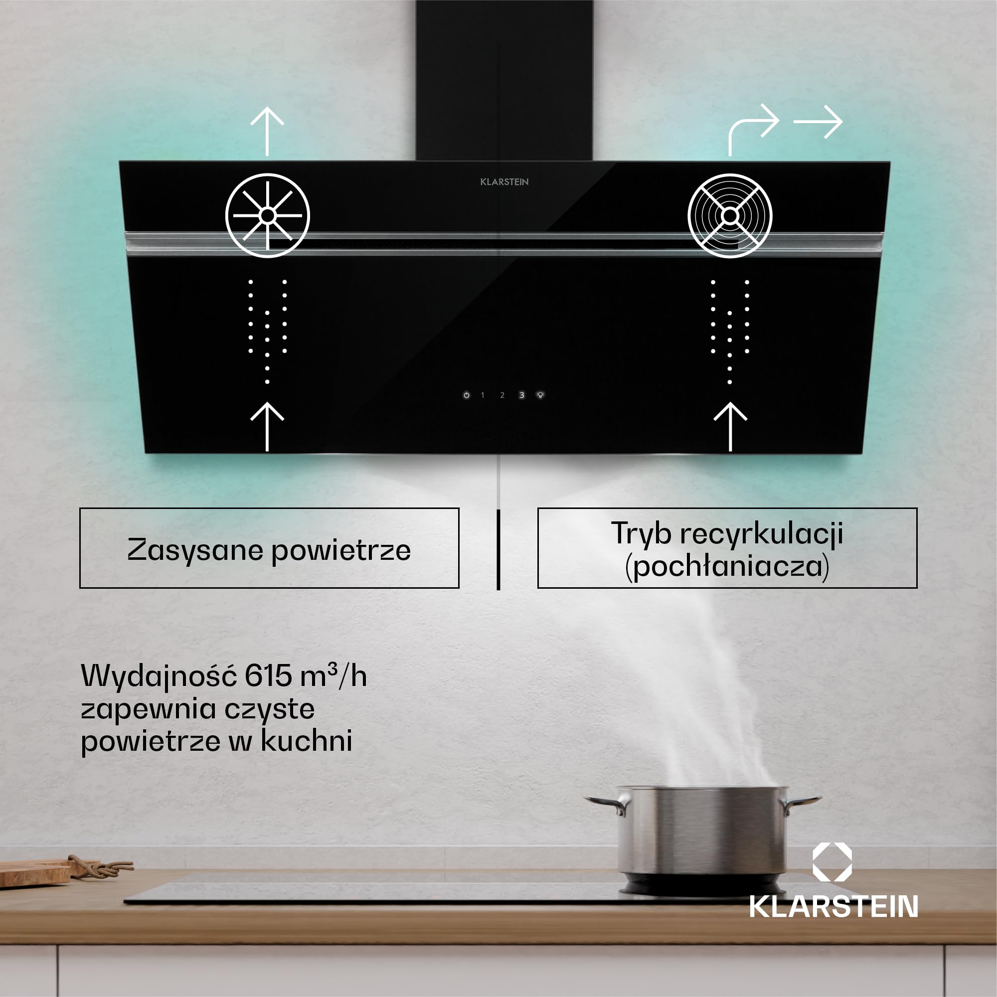 Klarstein Alina Okap kuchenny skośny – 90 cm, przepływ 615 m³/h, panel dotykowy, podświetlenie LED, cichy 63 dB, klasa energetyczna A, czarny