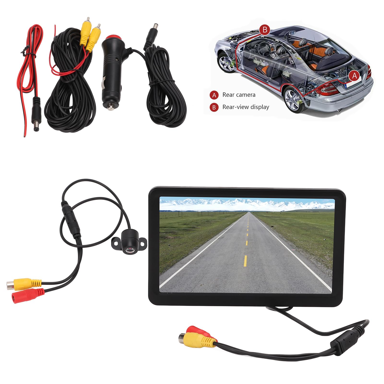 7-calowa kamera cofania z zestawem monitora, szerokokątny system parkowania cofania 170° z noktowizorem 4LED, kabel 6 m do samochodu kempingowego z przyczepą, autobusu, furgonetki (Round Hole Camera)