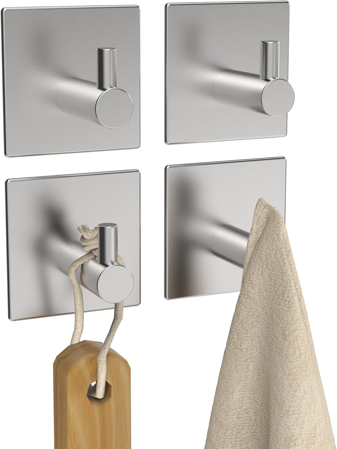 Adhesive Hooks 4 Pack, Stainless Steel Wall Towel Hooks for Hanging Loofah, Washcloths, Hat, Towel Hanger for Bathroom, Kitchen or RV (Silver) (Square Brushed Nickel) Thumbnail