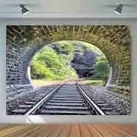 EMTOBT Fotohintergrund 'Zugbahn & Bergtunnel' – Vintage-Stil Landschaft Mit Ziegelstein & Grünen Bäumen | Aus Vinyl, Knitterarm & Leicht | Für Studio, Party & Porträtfotografie