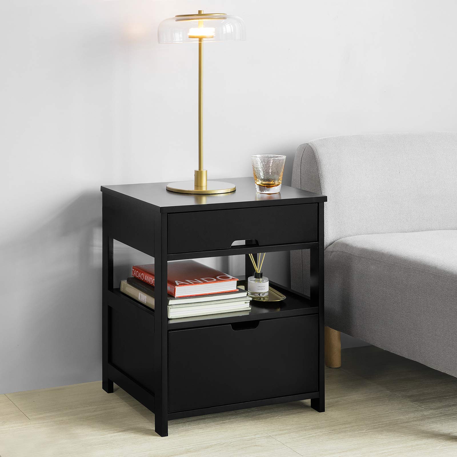 SoBuy Comodino Camera da Letto - Comodino con 2 Cassetti e 1 Ripiano, Tavolino Salotto - Moderna Cassettiera L45 x P38 x A55 cm Nero FRG258-SCH