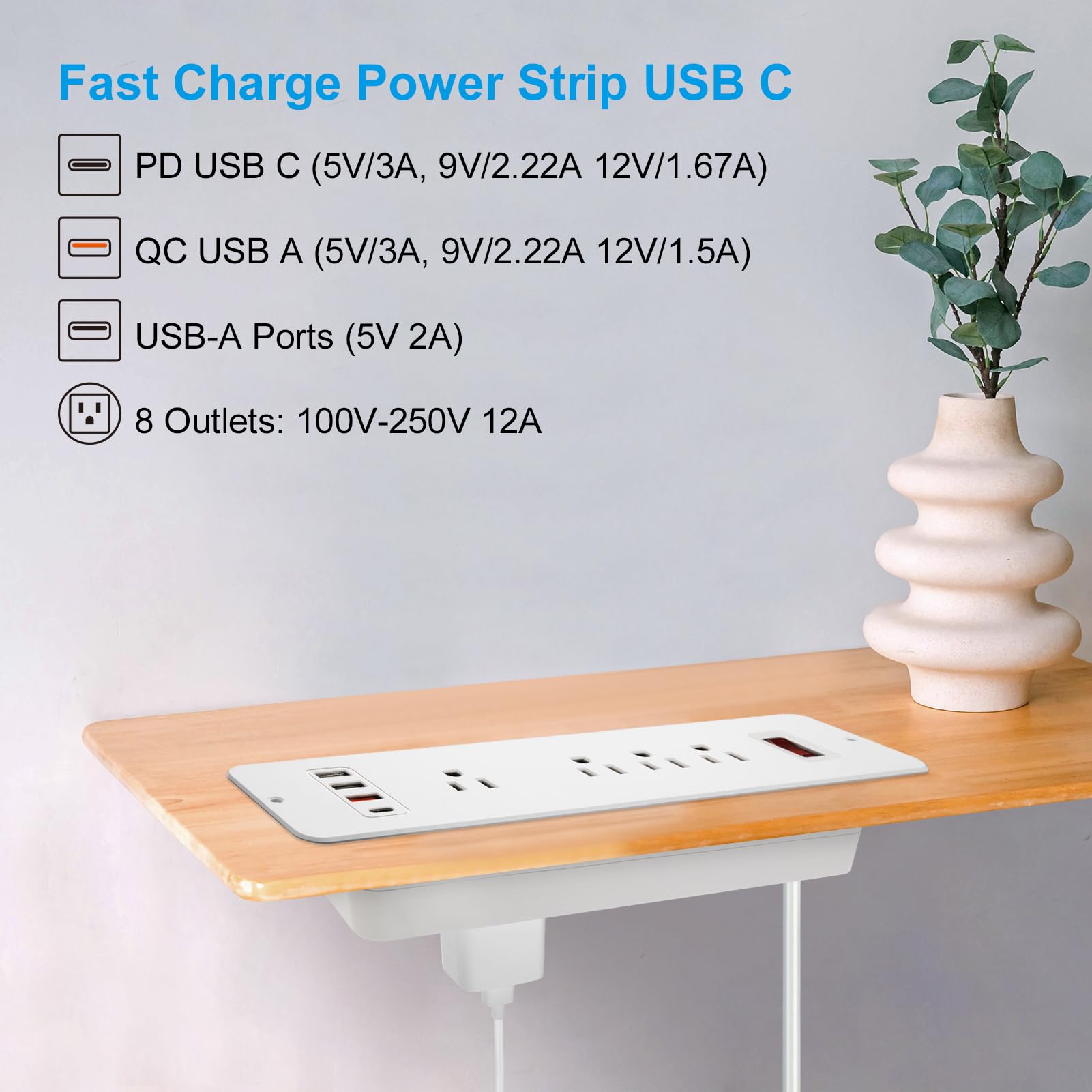 Regleta Multicontactos USB C 20W Alargador Doble Cara Eléctrica 8 Contactos 4 USB para Escritorio, Sofá, Consola, Cajón, Oficina, Armario