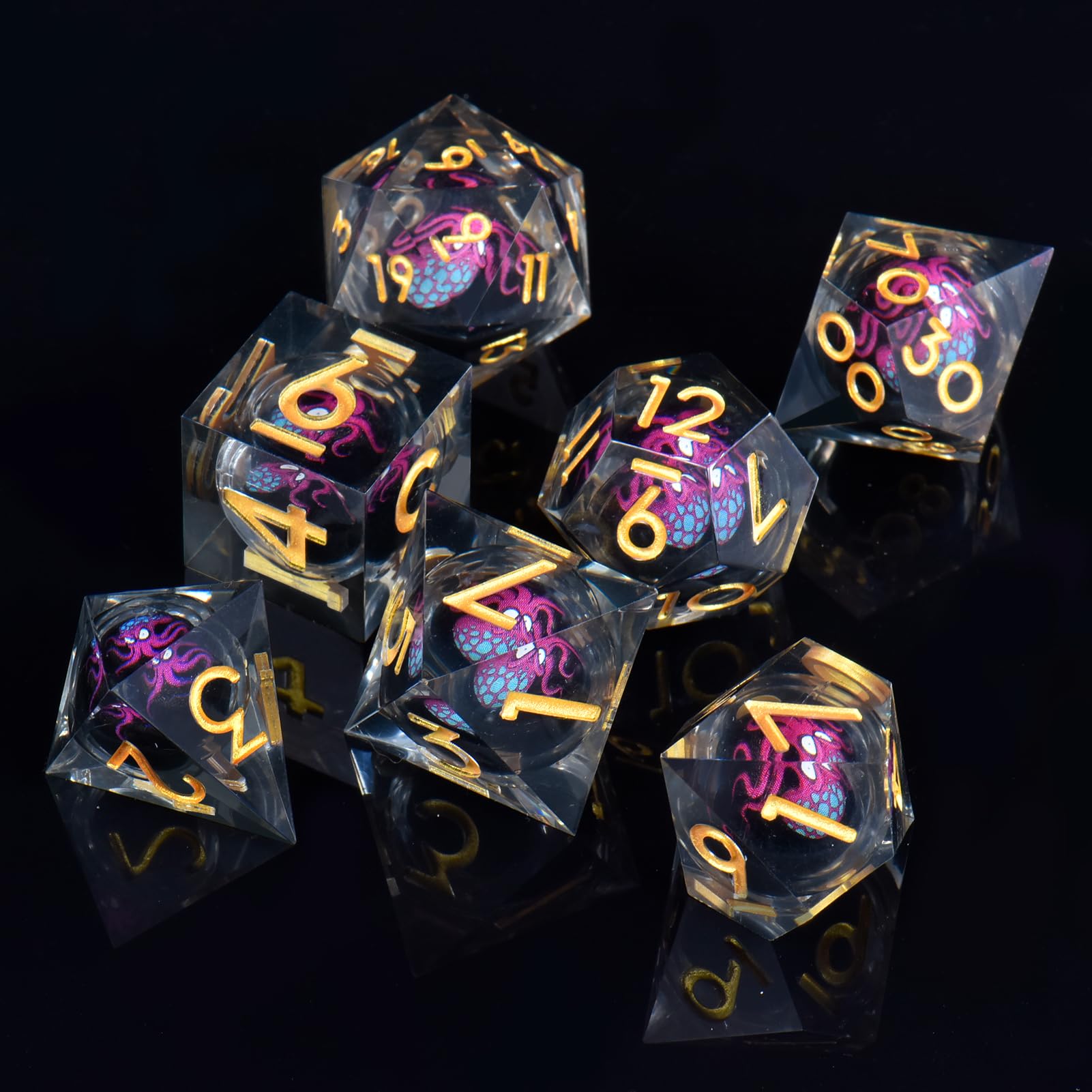 ORUZA 7 PCS S Dragon Eye DND Dice Liquid Core D&D Dice Resin Sharp Edge Polyhedral Octopus Dice Set for Dungeons and Dragons Role Playing Die D20 D12 D10 D8 D6 D4 D% - Image 3