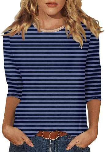 Striped Shirt Women 3/4 Sleeve Cute Tops Color Block Crew Neck T Shirts Loose Three Quarter Casual Dressy Blouses