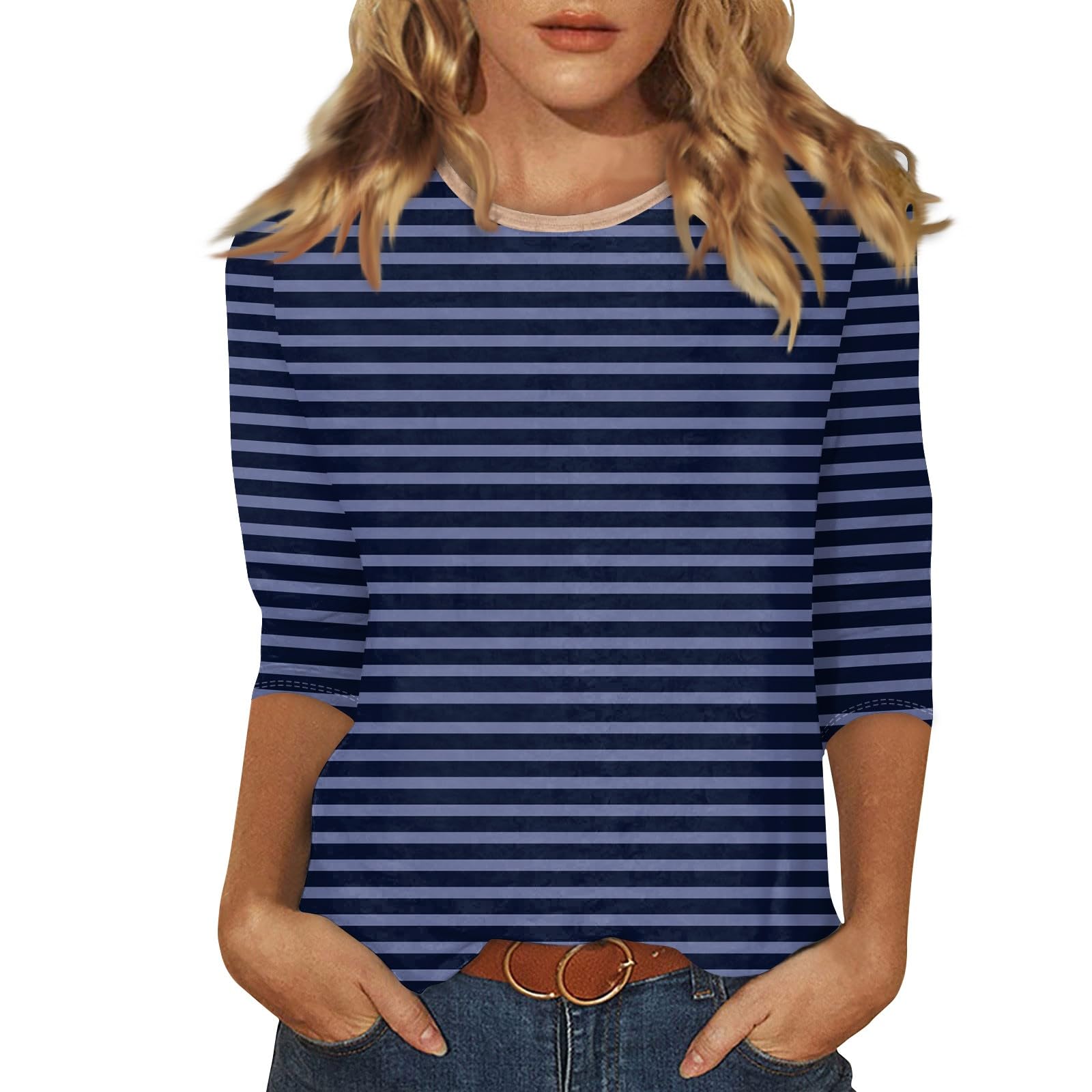 3/4 Sleeve Tops for Women Round Neck Striped T Shirts Casual Cute Three Quarter Sleeve Loose Fitting Blouses Vintage Workout Vacation Party Summer Tunic Tops Womens Tunic Tops 3/4 Sleeve 2025 Navy