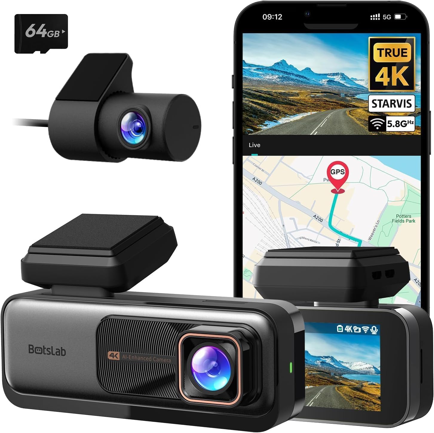 BOTSLAB Kamera samochodowa z przodu i tyłu, 4K kamera samochodowa GPS z WiFi, podwójna kamera samochodowa z kartą SD 64GB, ADAS, widoczność w nocy, szeroki kąt 170°, WDR, 2,45" IPS, 24/7 monitoring
