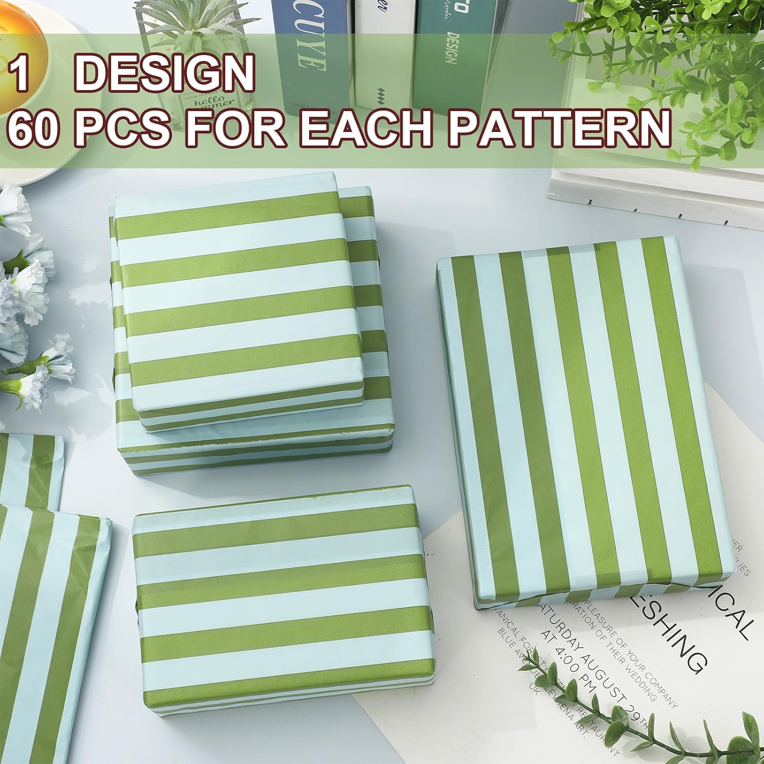 JarThenaAMCS Stripe Tissue Paper 14 x 20 Inch Blue Green Stripe Wrapping Paper for Birthday Baby Shower Wedding Party DIY Crafts Supplies, 60 Sheets