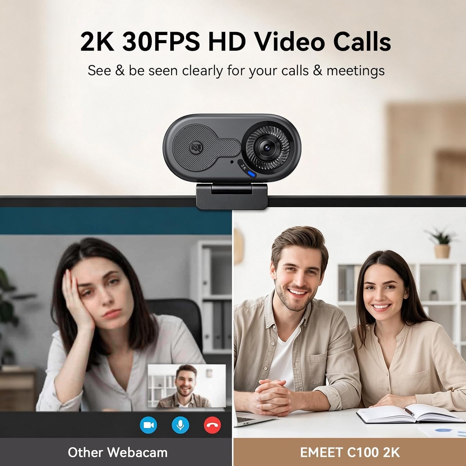 EMEET C100 2K Webcam for PC, Fixed Focus, 56.4° FOV, Built-in Mic, Privacy Cover, Portable Metal Clip, Computer Camera for Home Office, Online Learning, Meetings, Streaming, Desktop, Laptop, PC USB-A 3 71IOHbwYoRL. AC SL1500