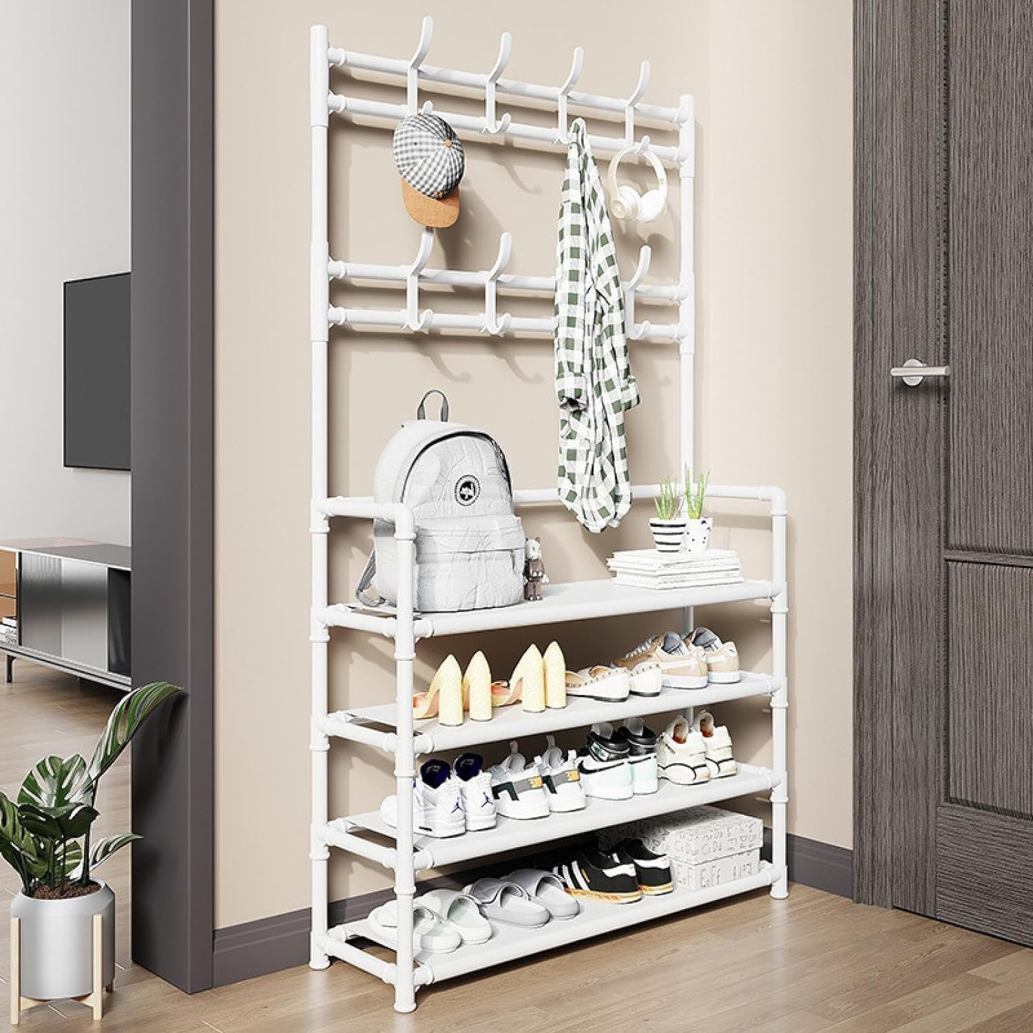 FGXHHS Multifunctional 60cm White Metal Coat Rack & Shoe, Wall-Mounted Hanger for Clothes, Hats, and Shoes - Stylish Hallway Storage Solution