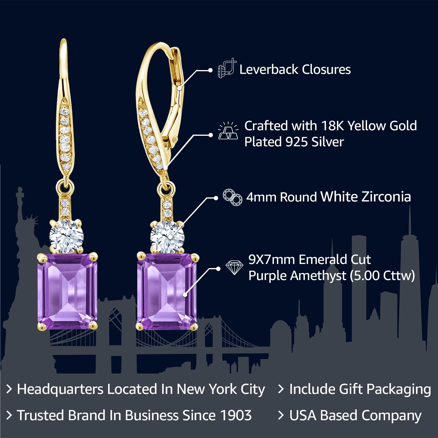 Gem Stone King 4-5 Cttw Leverback Drop Dangle Earrings For Women | 18K Yellow Gold Plated Silver | Emerald Cut 9X7MM Gemstone Birthstone | Fine Jewelry Gifts for Mom Her Anniversary Wedding