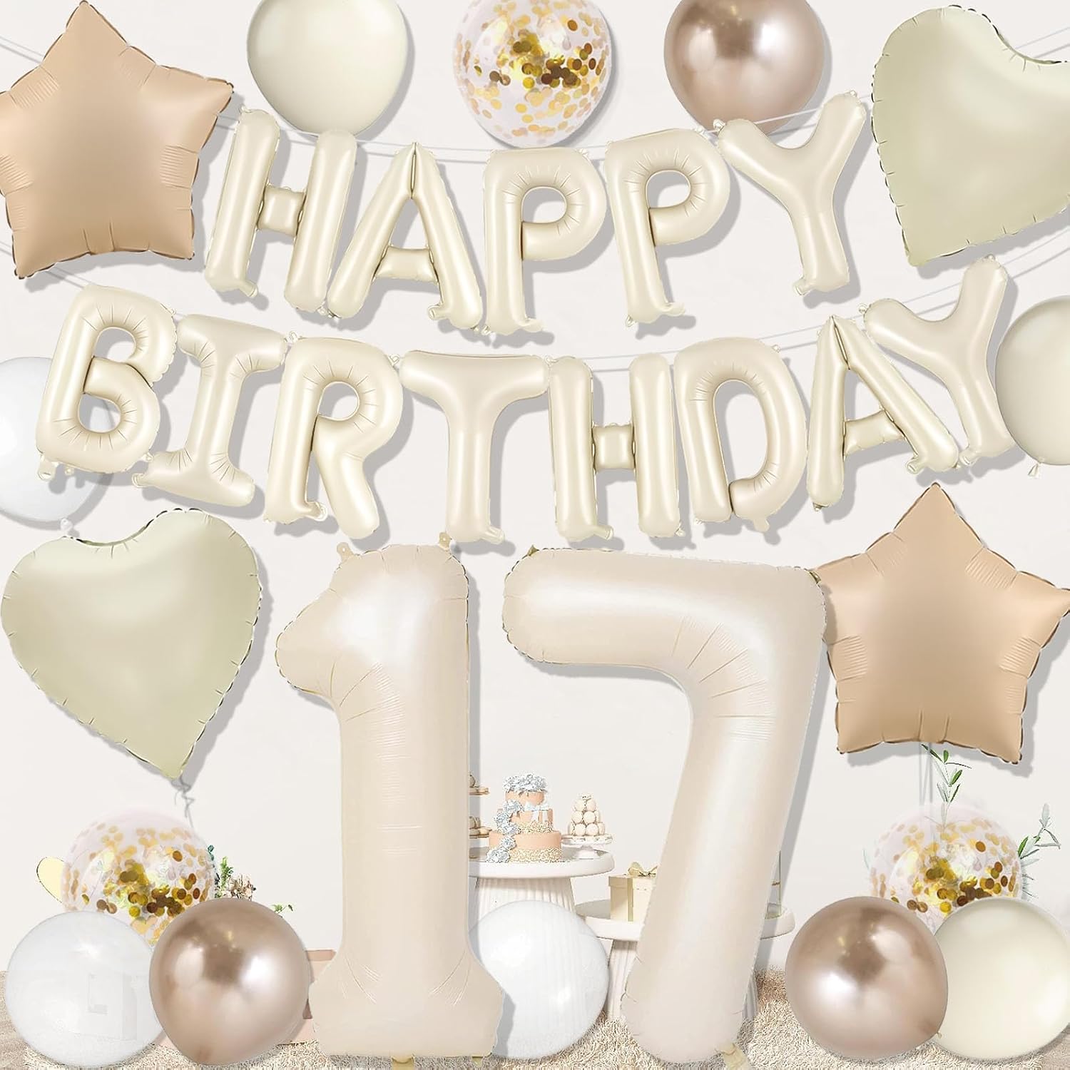 Happy 17th Birthday Decorations, Cream 17 Balloon Numbers, White Happy Birthday Balloons, Star, Heart, Cream And Sand White Balloons For 17 Birthday Decorations