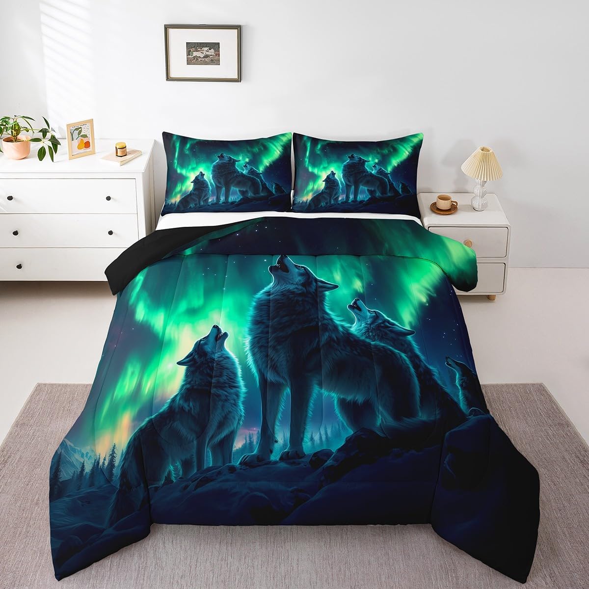 Erosebridal Wolf King Size Comforter Set, Roaring Wolves Wildlife Soft Kids Boys Bedding Sets, Aurora Animals Galaxy Printed Bedding Comforter Sets for Bed, Black Green Mountains Cozy Duvet Insert