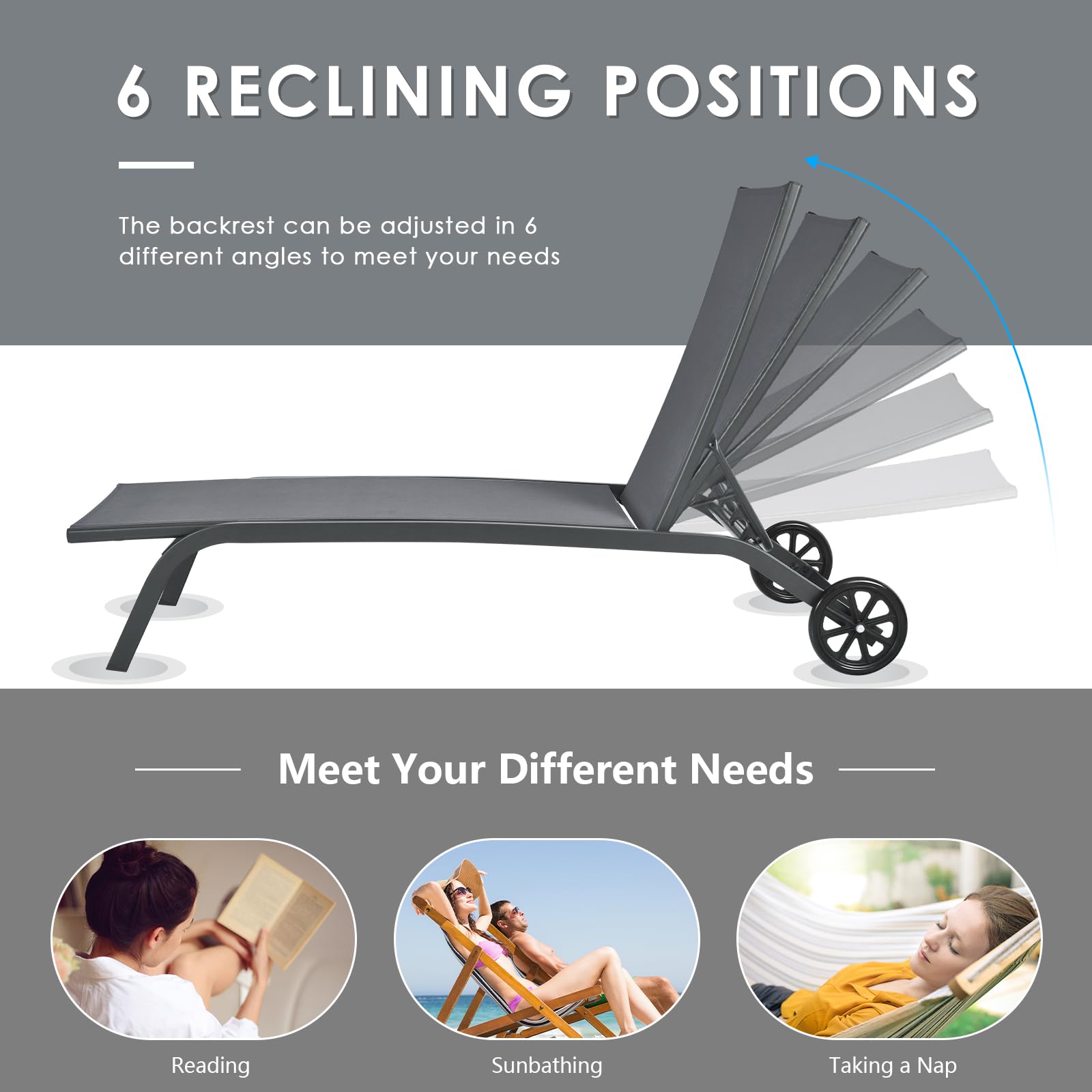 KOMFOTTEU Chaise Longue avec roulettes, Transat de Jardin, Dossier réglable à 6 Positions, Charge 150 kg, Chaise Longue d'Extérieur Mobile, pour Balcon, Terresse, Picine, 190,5 x 61 x 34 cm (Gris)