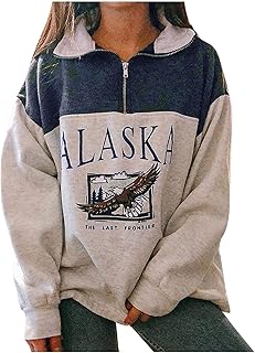 HUOJING Sweatshirts Women's Contrast Eagle Print Pullover Zipper Turn-Down Collar Sweater Tops