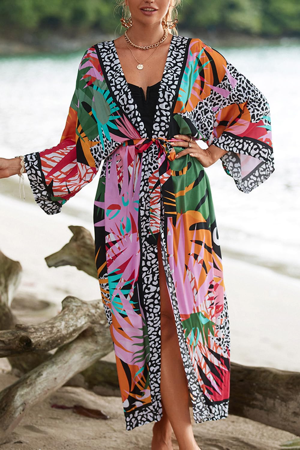 Damski kardigan w stylu boho, sukienka maxi, plażowa, okrycie, długie kimono, Robs One Size