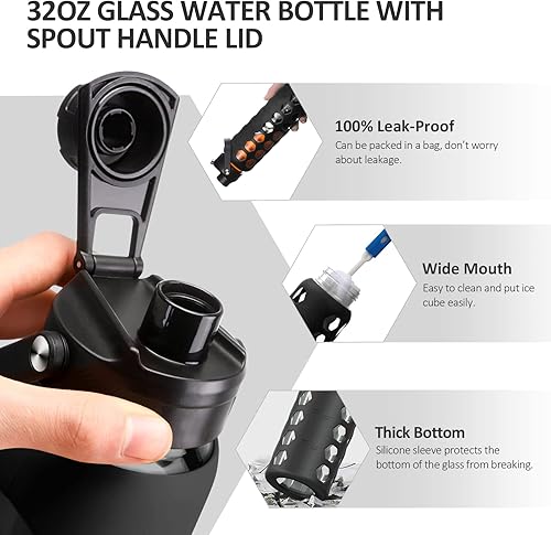 Miniatura 6 de MUKOKO Botellas de agua de vidrio de 32 onzas con 2 tapas, tapa de boquilla con asa y tapa de popote de bambú, vaso de agua motivacional con