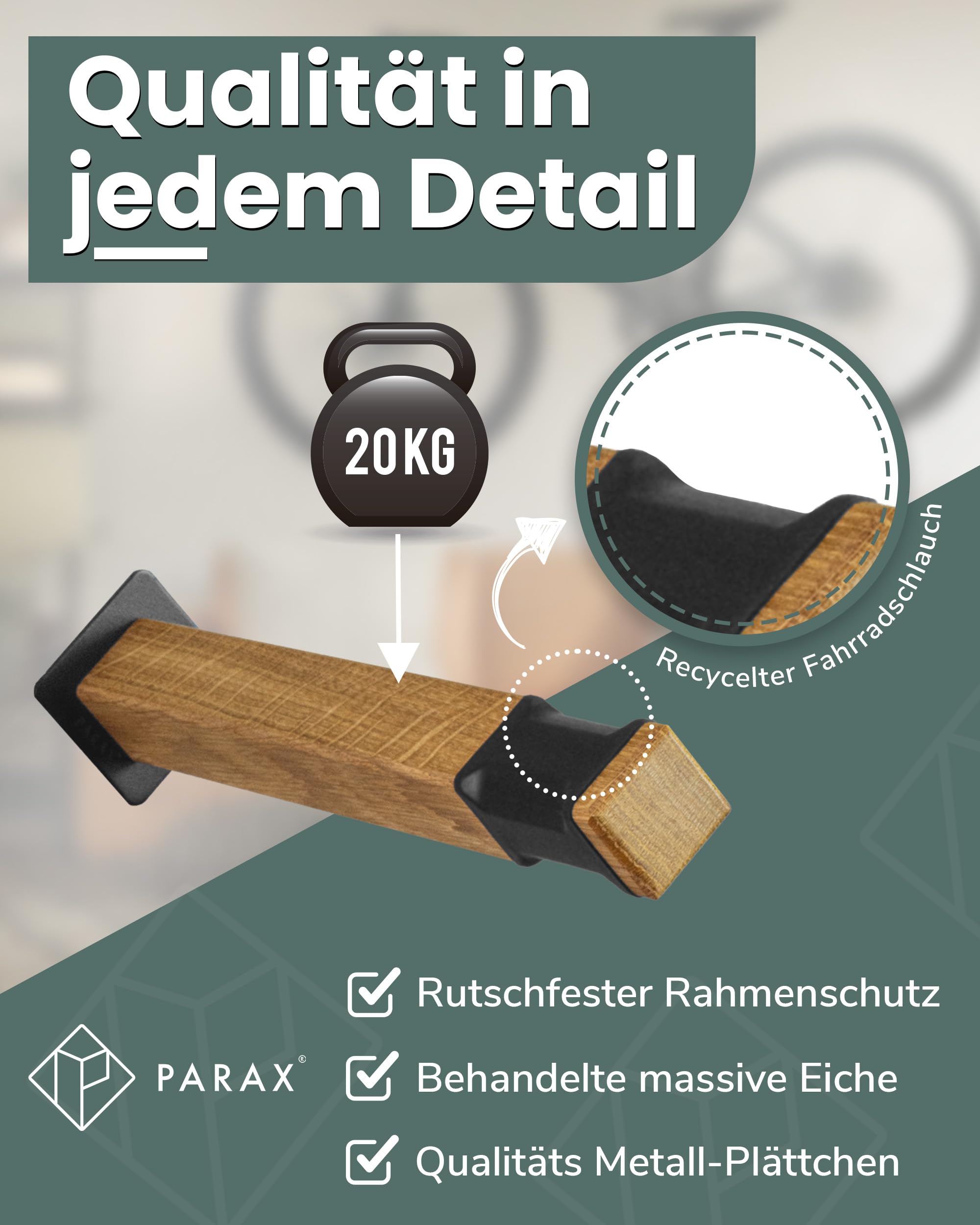 PARAX Fahrrad Wandhalterung - Holz und Fahrradschlauch - Fahrradträger Sticks bis 20 kg - Indoor Fahrrad Aufbewahrung
