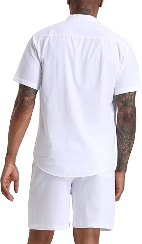 Miniatura 3 de Conjunto de algodón y lino para hombre, camisas Henley, pantalones cortos, trajes de 2 piezas, ropa de playa, traje de vacaciones a juego, ropa de