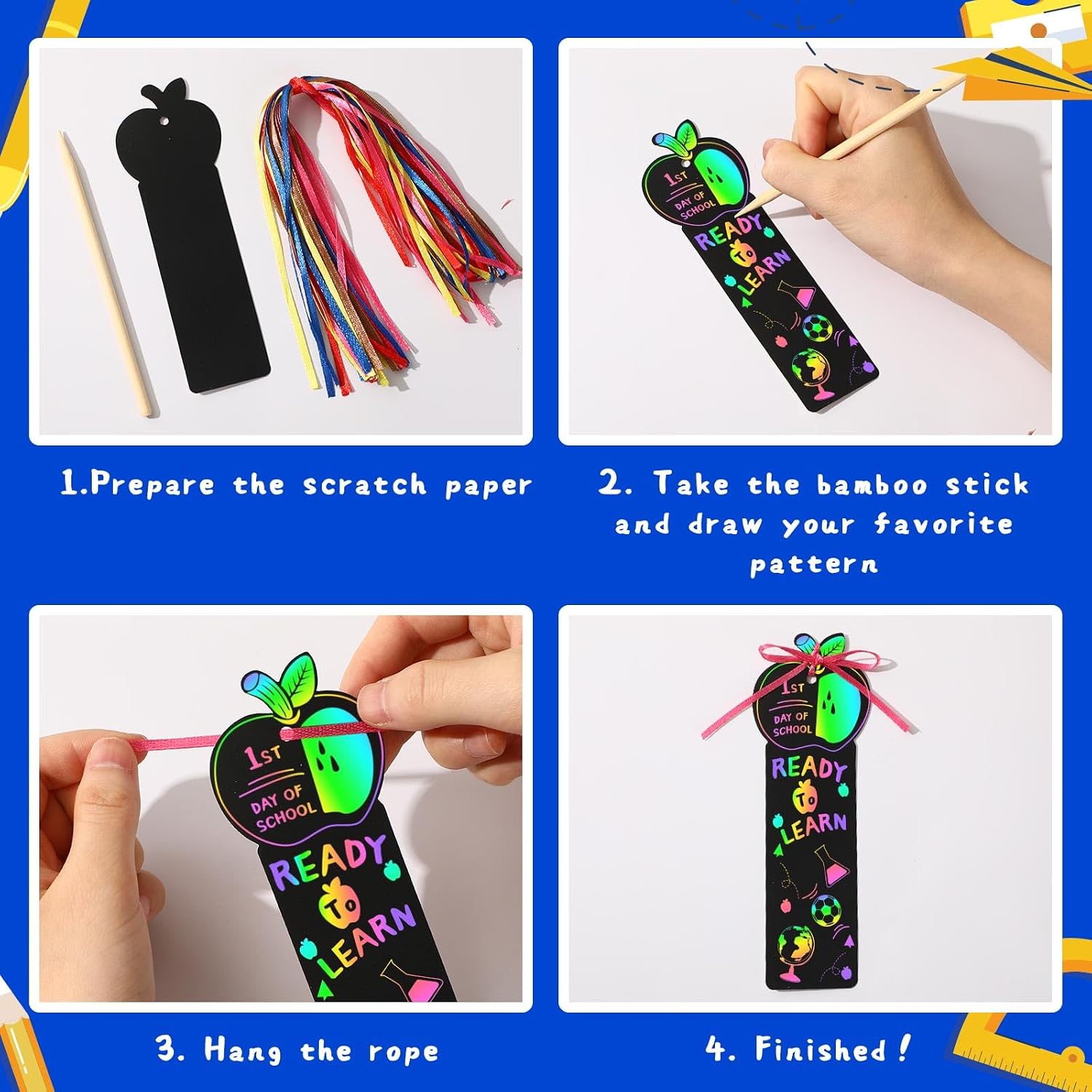 JUNEBRUSHS 30Pcs Welcome Back to School Scratch Bookmarks Rainbow Scratch image 3