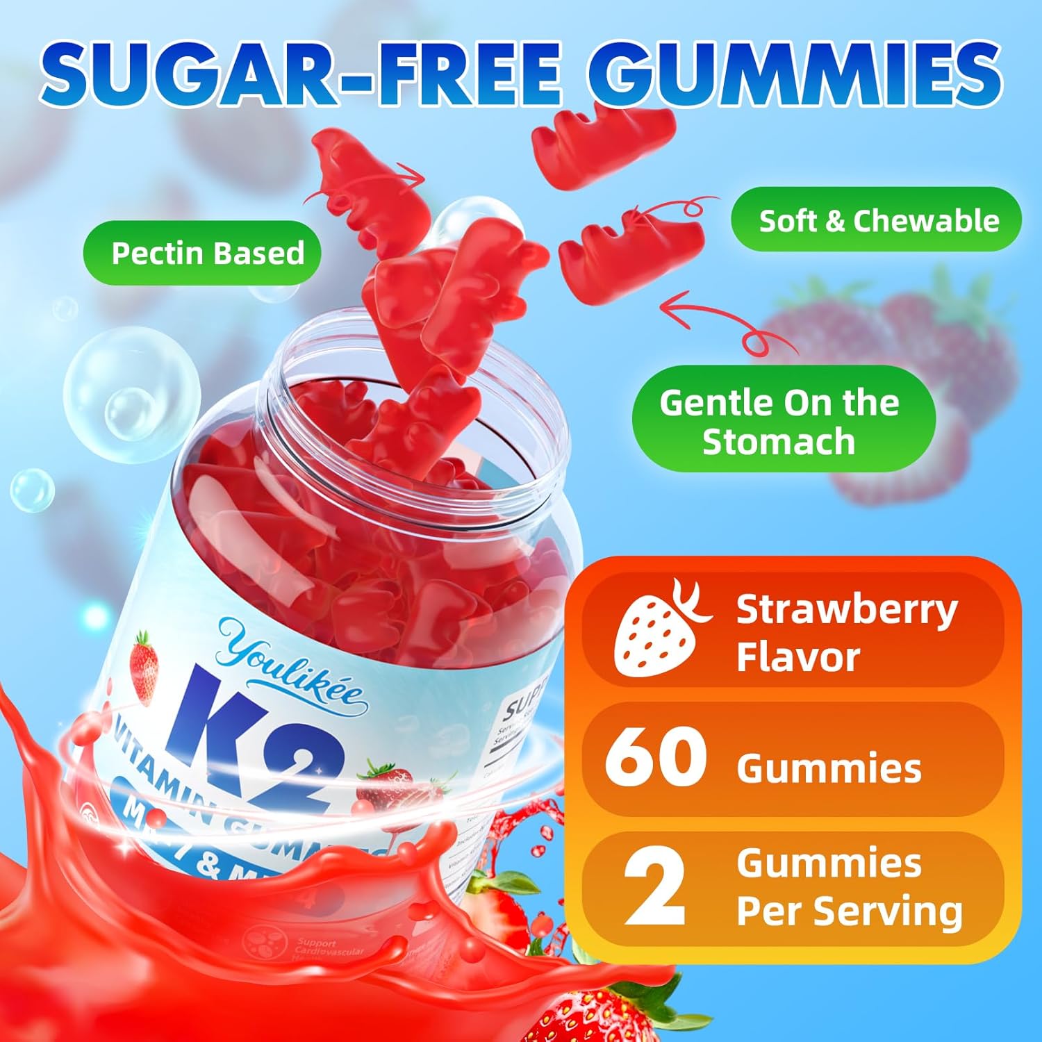 2 Pack Sugar-Free Vitamin K2 Gummies, Dual Formula Vitamin K2 Supplement with MK-7 & MK-4, Supports Bone Health, Gluten-Free, Non-GMO, Sugar-Free, Strawberry Flavor, 120 Gummies