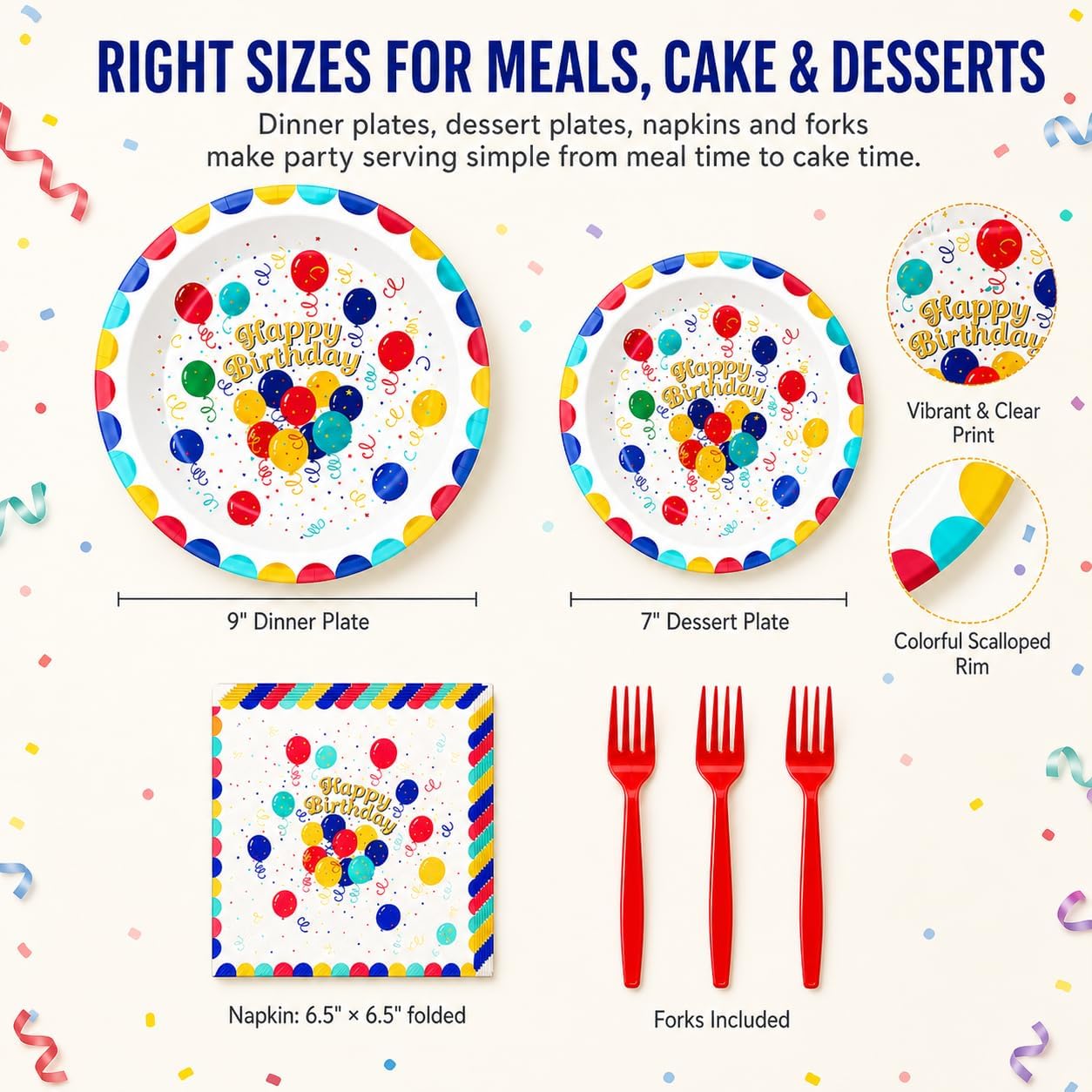 Birthday Party Supplies for 24 Guests – 96-Piece Disposable Party Tableware Set with Plates, Birthday Plates and Napkins, Forks, Colorful Balloons Party Supplies, Heavy Duty for Kids & Adults