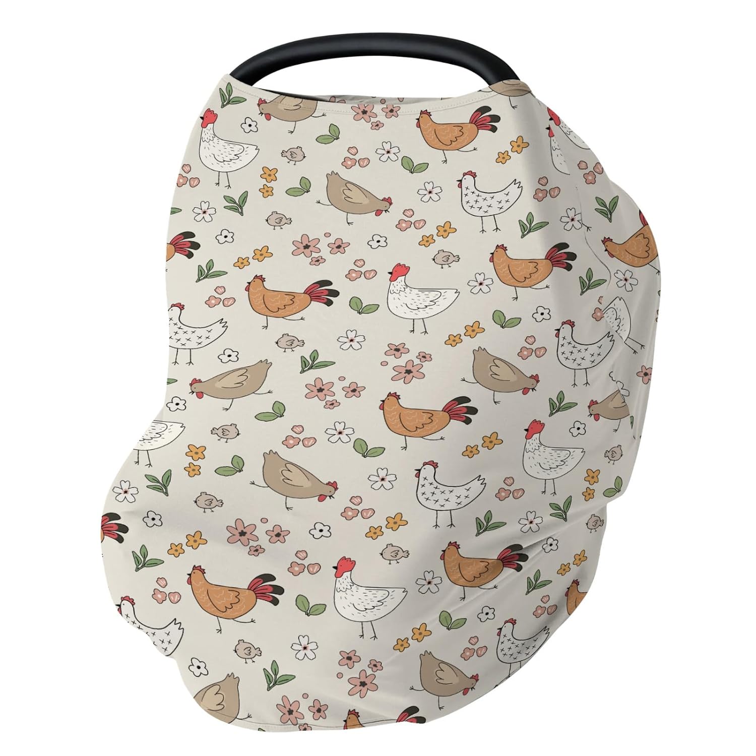 Cute Chicken Boho Floral Car Seat Cover for Baby Chickens Flowers Leaves Stretchy 5-in-1 Cover Adjustable Car Canopy Breastfeeding Cover Spring Farm Animal Breathable Nursing Cover-Up