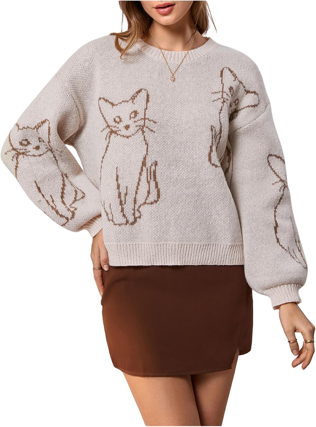 WDIRARA Women's Cartoon Cat Bishop Long Sleeve Round Neck Sweater Drop Shoulder Pullover Tops