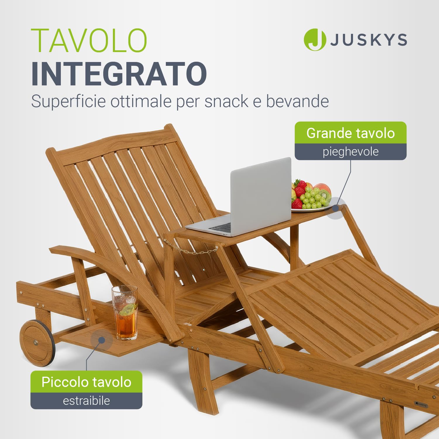 Juskys Lettino prendisole SunScape in legno di acacia naturale con tavolino regolabile poggiagambe schienale reclinabile 196 x 72,5 x 30 cm