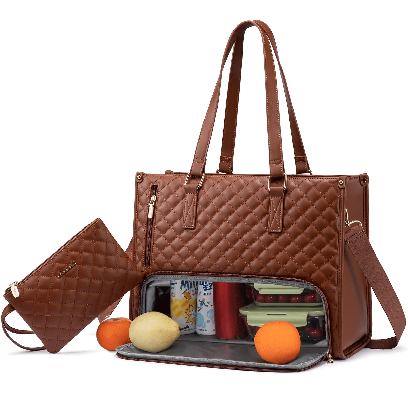 LOVEVOOK Laptoptasche Damen mit Isolierted Lunch-Fach, 15,6 Zoll Laptop Handtasche, Arbeitstasche Lehrertasche Groß, Lunchtasche Aktentasche Leder, Schultertasche für Schule Büro Uni