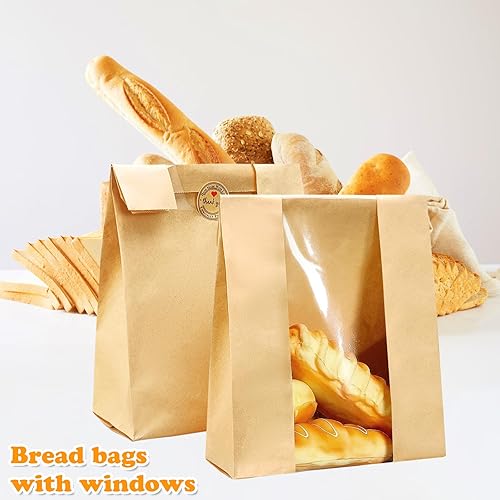 Vista 4 de Paquete de 50 bolsas de pan de masa madre Kraft, bolsas de pan 50% más gruesas para pan casero, bolsas de panadería Pper con ventana transparente