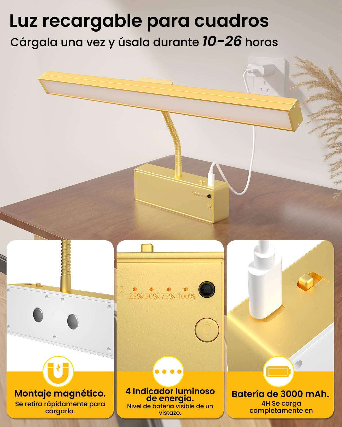Lamparas Pared Sin Cable Luz Para Cuadros De Pared Sin Cable 3000mAh Recargable con Mando a Distancia y Temporizador, Luz LED Magnética Dimmable para Marco de Galería y Tablero de Dardos (Oro)