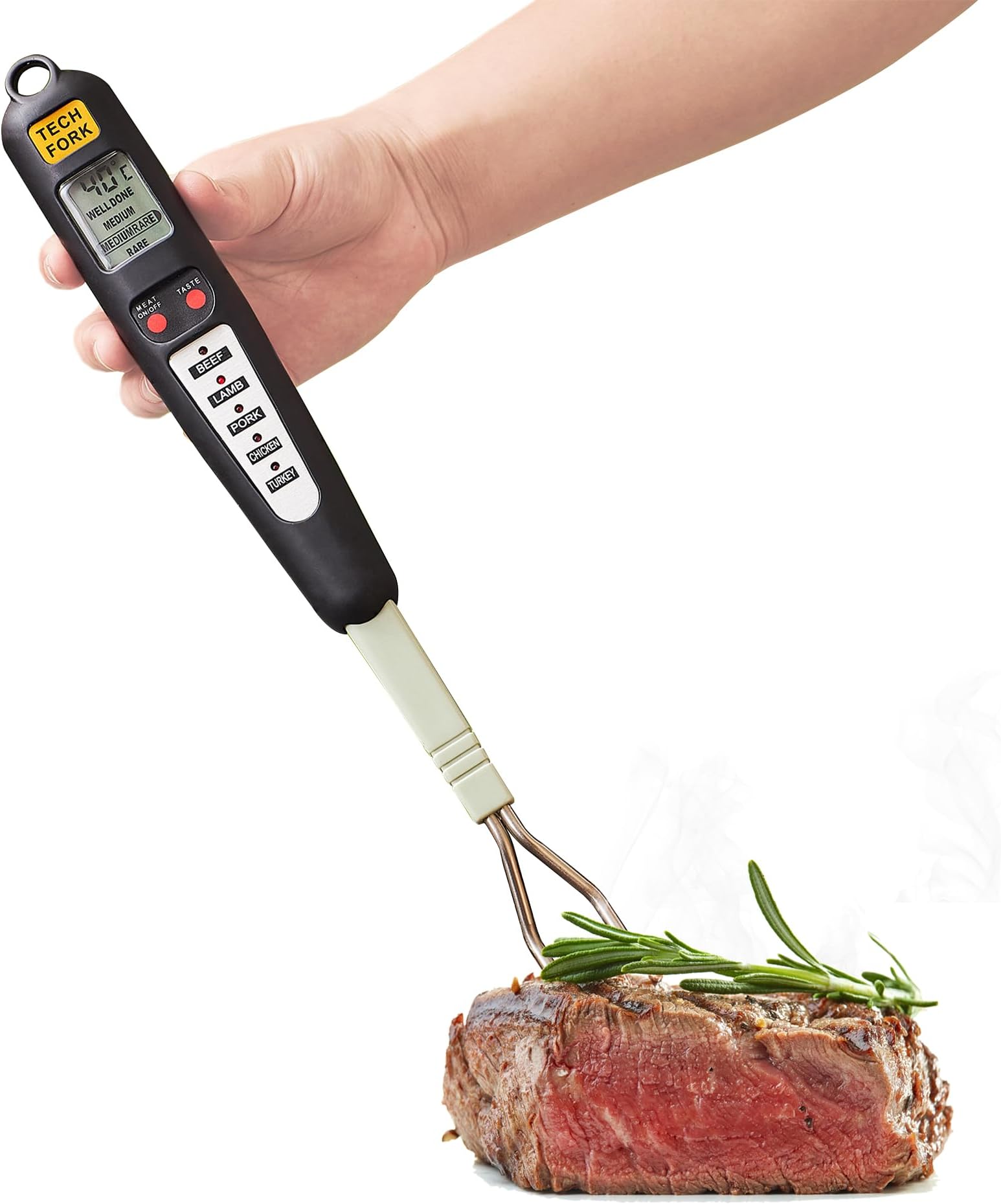 80-09 Digital Meat Instant Read Thermometer with LED Screen and Ready Alarm, Kitchen Probe with Long Fork for Grilling, Barbecue and Cookin, l, white1