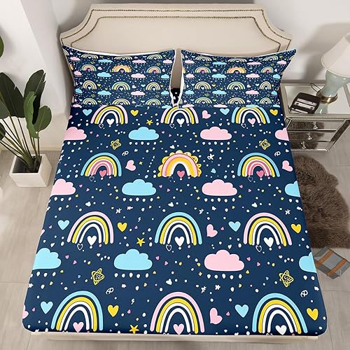 Miniatura 2 de Erosebridal Sábana bajera ajustable de arcoíris para niñas, diseño de nube y estrellas, tamaño Queen para niños y niños, estilo de dibujos animados,